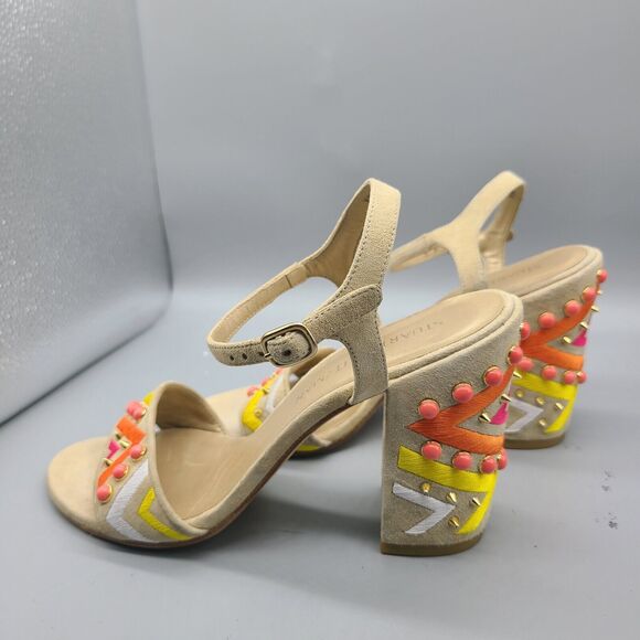 Stuart Weitzman Both Sandal  chunky Heel Ankle Straps beige embellished  Sz 8 - Picture 5 of 9
